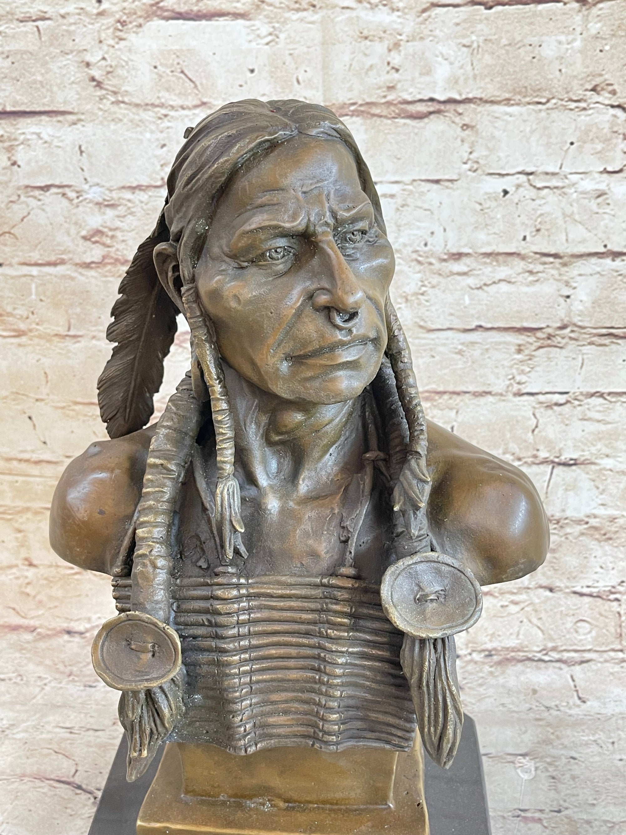 Native American Warrior Chief Bronze Bust Sculpture Art Statue Figure Figurine