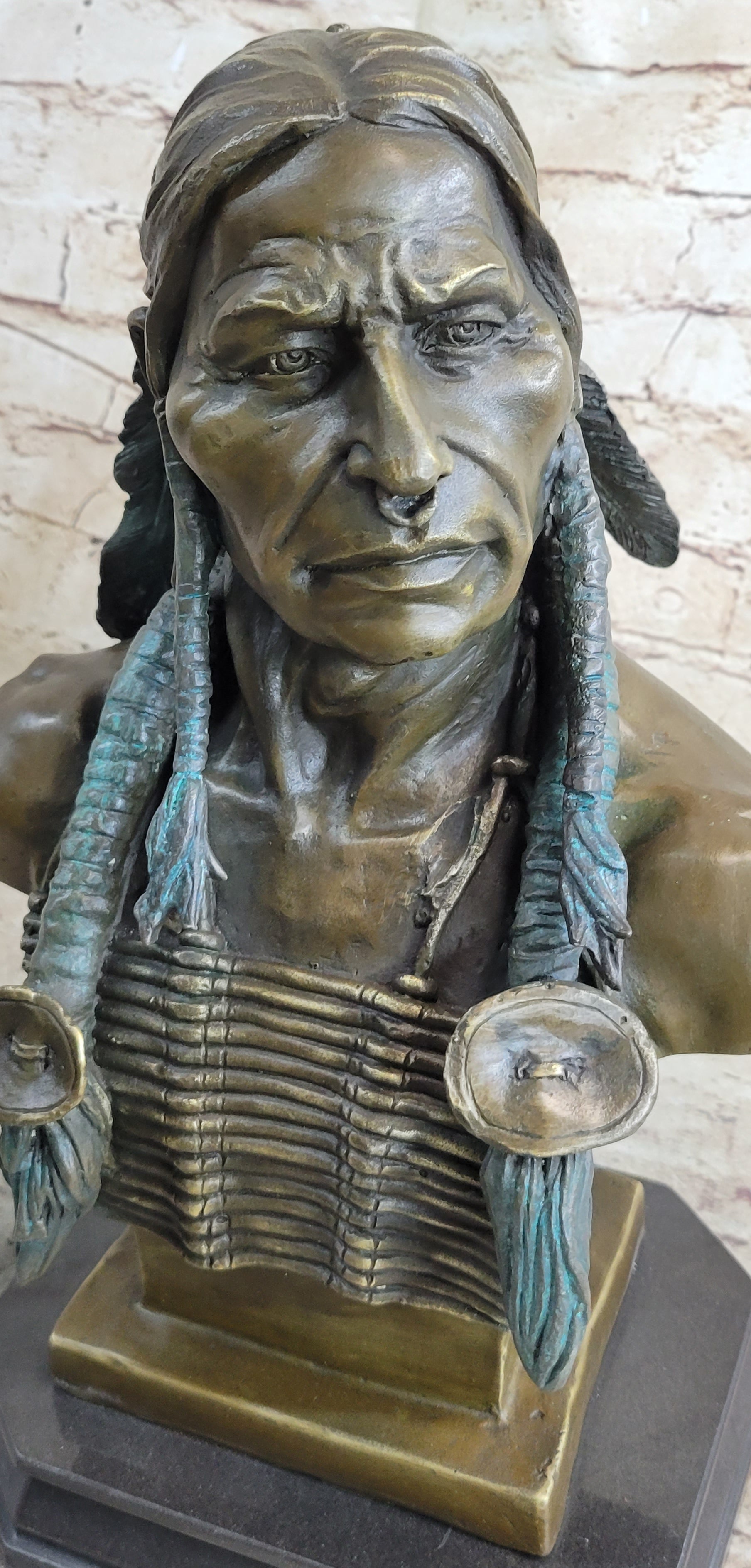 Indian Native American Chief Bust Bronze Marble Base Statue Original Art by Milo