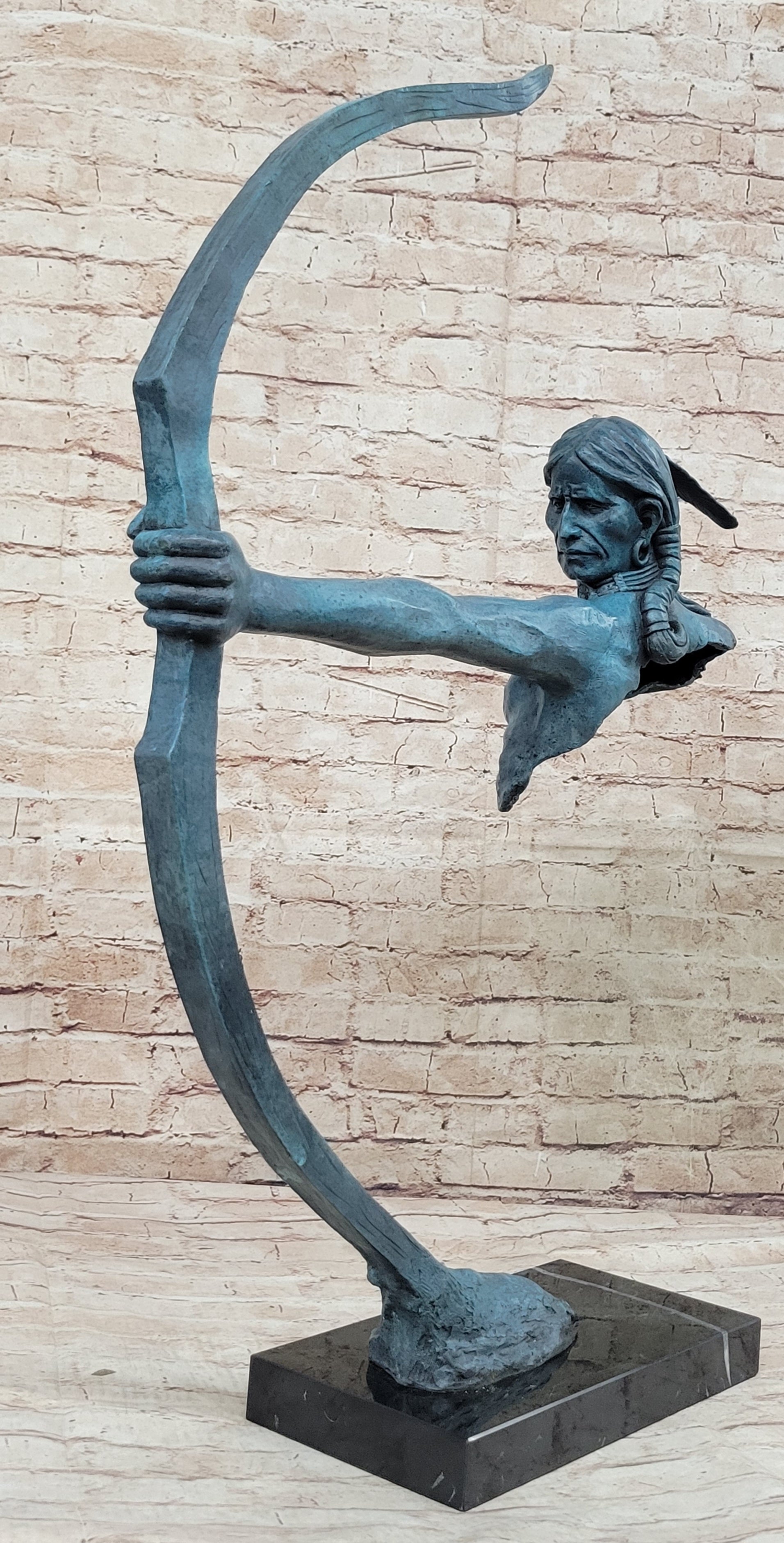 Native American Indian Bow Archer Abstract Bronze Statue Sculpture Blue Green Patina 33&quot; x 23&quot;