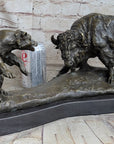 Bear vs. American Buffalo Bison Bronze Metal Statue Sculpture on Marble Base