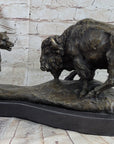 Bear vs. American Buffalo Bison Bronze Metal Statue Sculpture on Marble Base