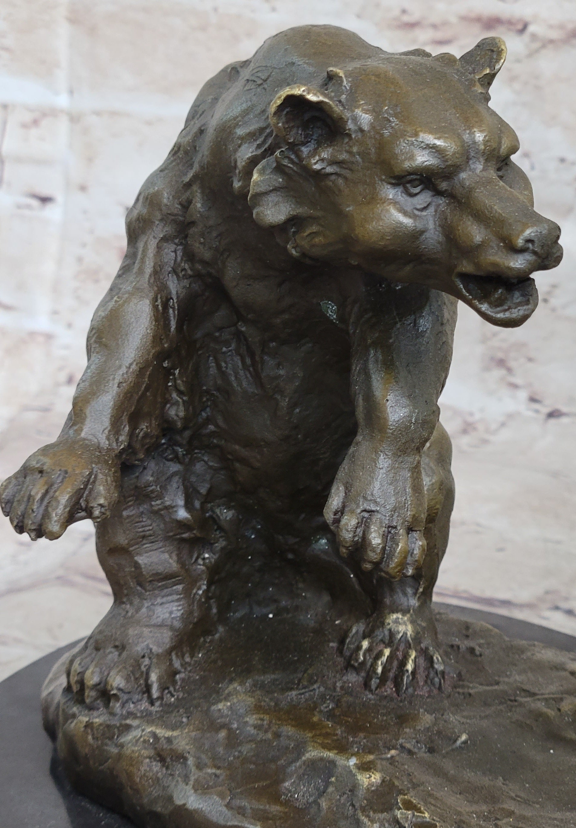 Bear vs. American Buffalo Bison Bronze Metal Statue Sculpture on Marble Base