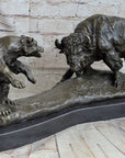 Bear vs. American Buffalo Bison Bronze Metal Statue Sculpture on Marble Base