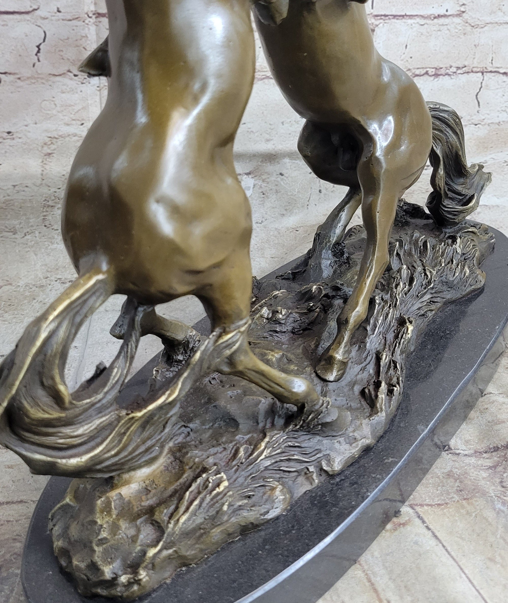 Dueling Stallion Horses Rearing Horse Bronze Statue Sculpture Decor Marble Base Original