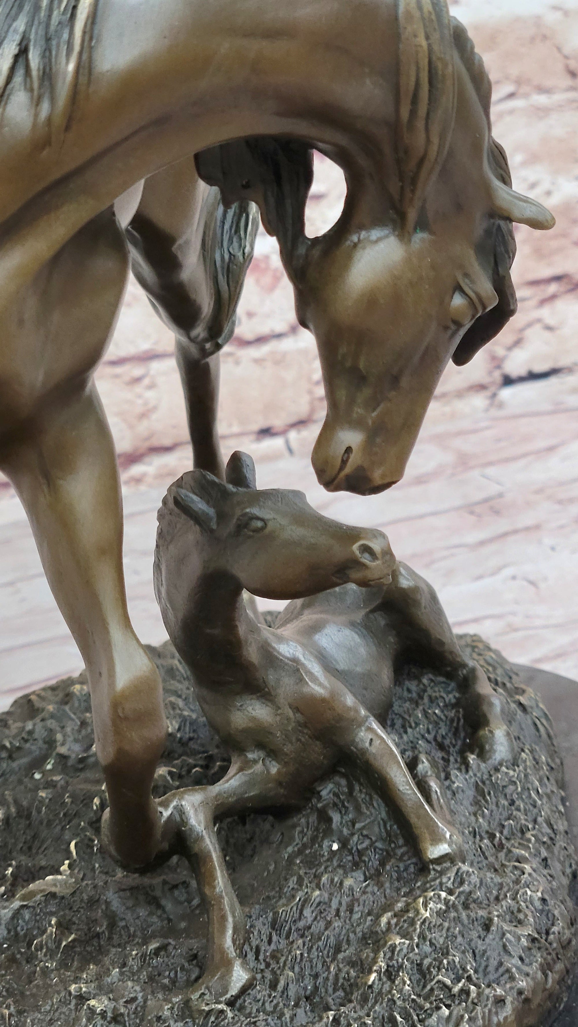 Horses Mare W/Foal Horse Bronze Sculpture Wild Farm Animal Marble Base