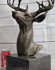 Elk Deer Reindeer Head Bronze Bust Sculpture Statue on Marble Base Lodge Cabin Decor