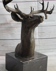 Elk Deer Reindeer Head Bronze Bust Sculpture Statue on Marble Base Lodge Cabin Decor