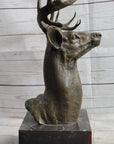 Elk Deer Reindeer Head Bronze Bust Sculpture Statue on Marble Base Lodge Cabin Decor