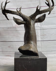 Elk Deer Reindeer Head Bronze Bust Sculpture Statue on Marble Base Lodge Cabin Decor