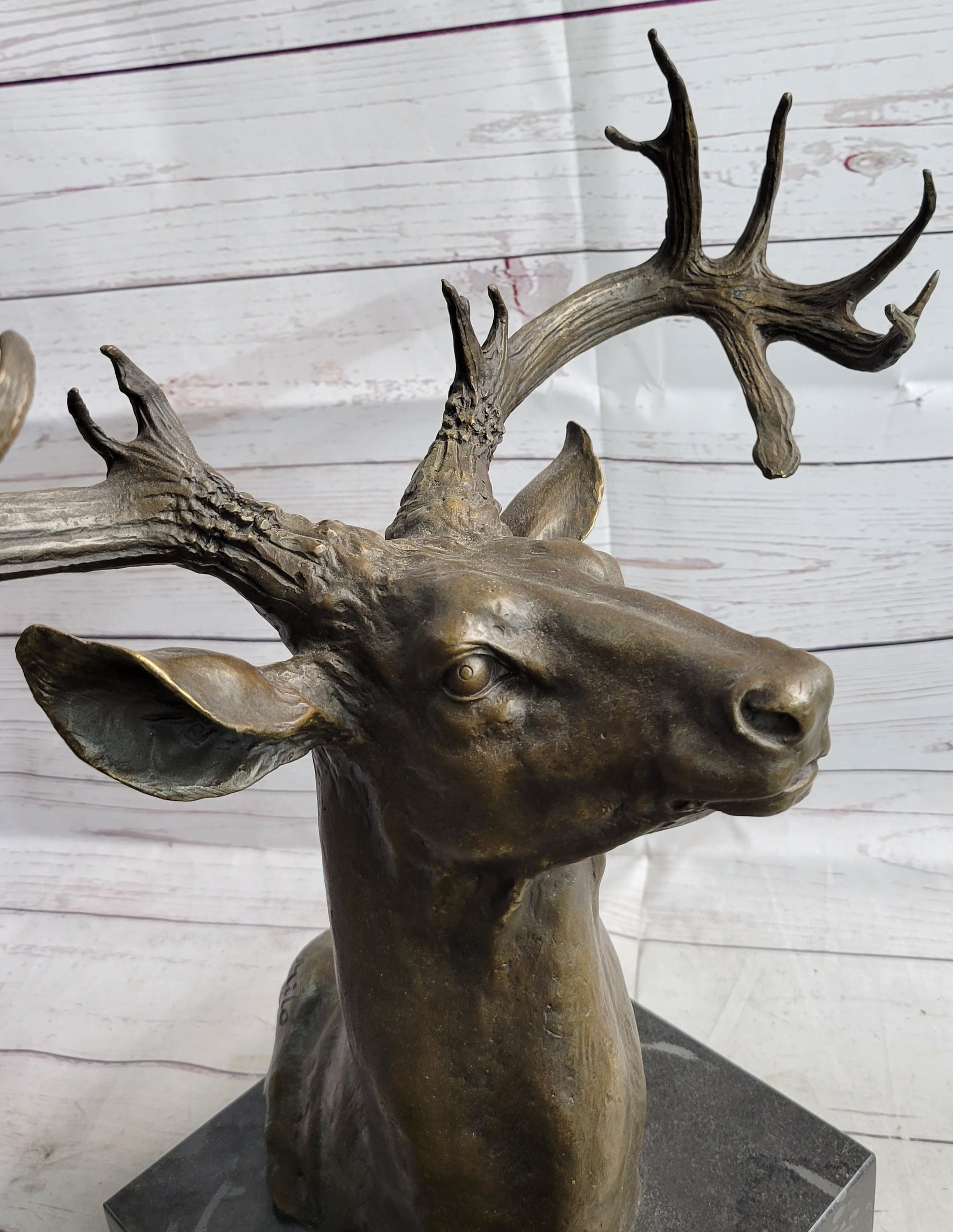 Elk Deer Reindeer Head Bronze Bust Sculpture Statue on Marble Base Lodge Cabin Decor
