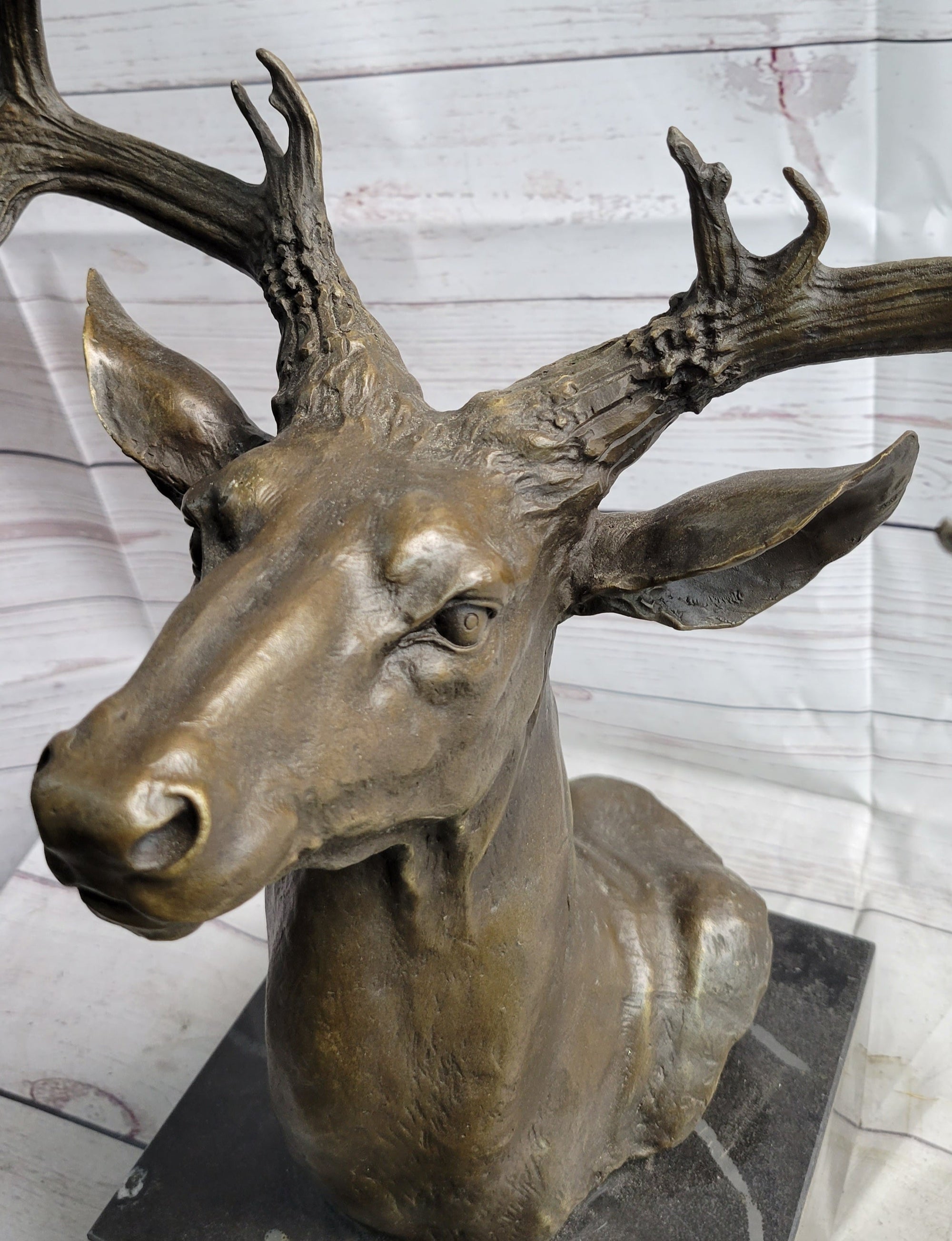 Elk Deer Reindeer Head Bronze Bust Sculpture Statue on Marble Base Lodge Cabin Decor