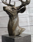 Elk Deer Reindeer Head Bronze Bust Sculpture Statue on Marble Base Lodge Cabin Decor