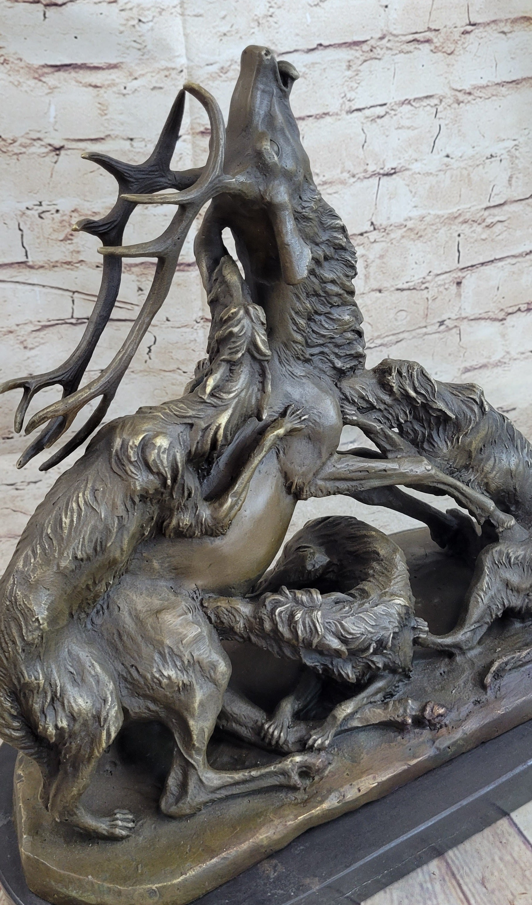 Elk Reindeer Attacked by Hunting Dogs Bronze Statue Sculpture Figure Barye 14&quot; x 16&quot;