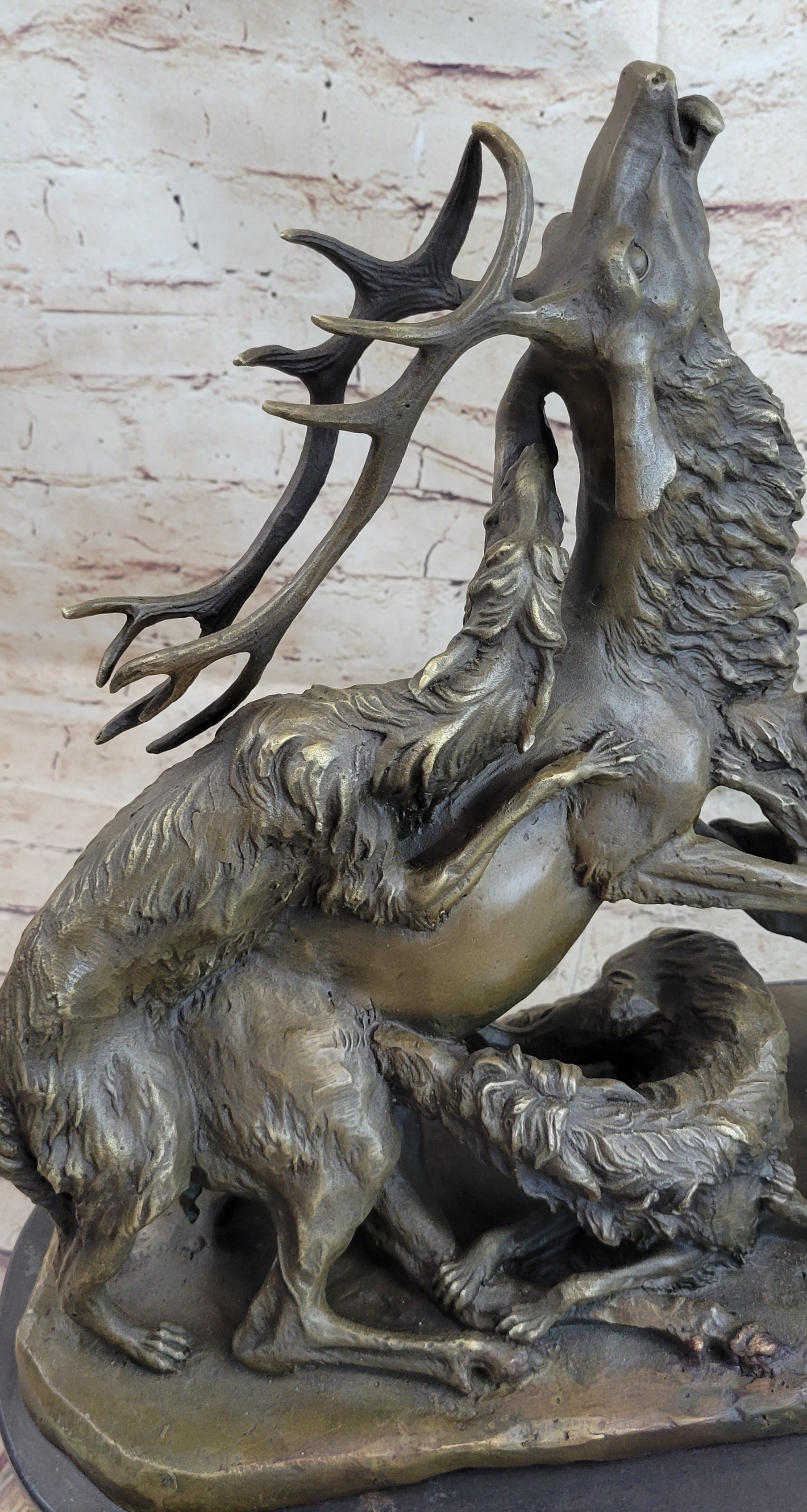 Elk Reindeer Attacked by Hunting Dogs Bronze Statue Sculpture Figure Barye 14&quot; x 16&quot;