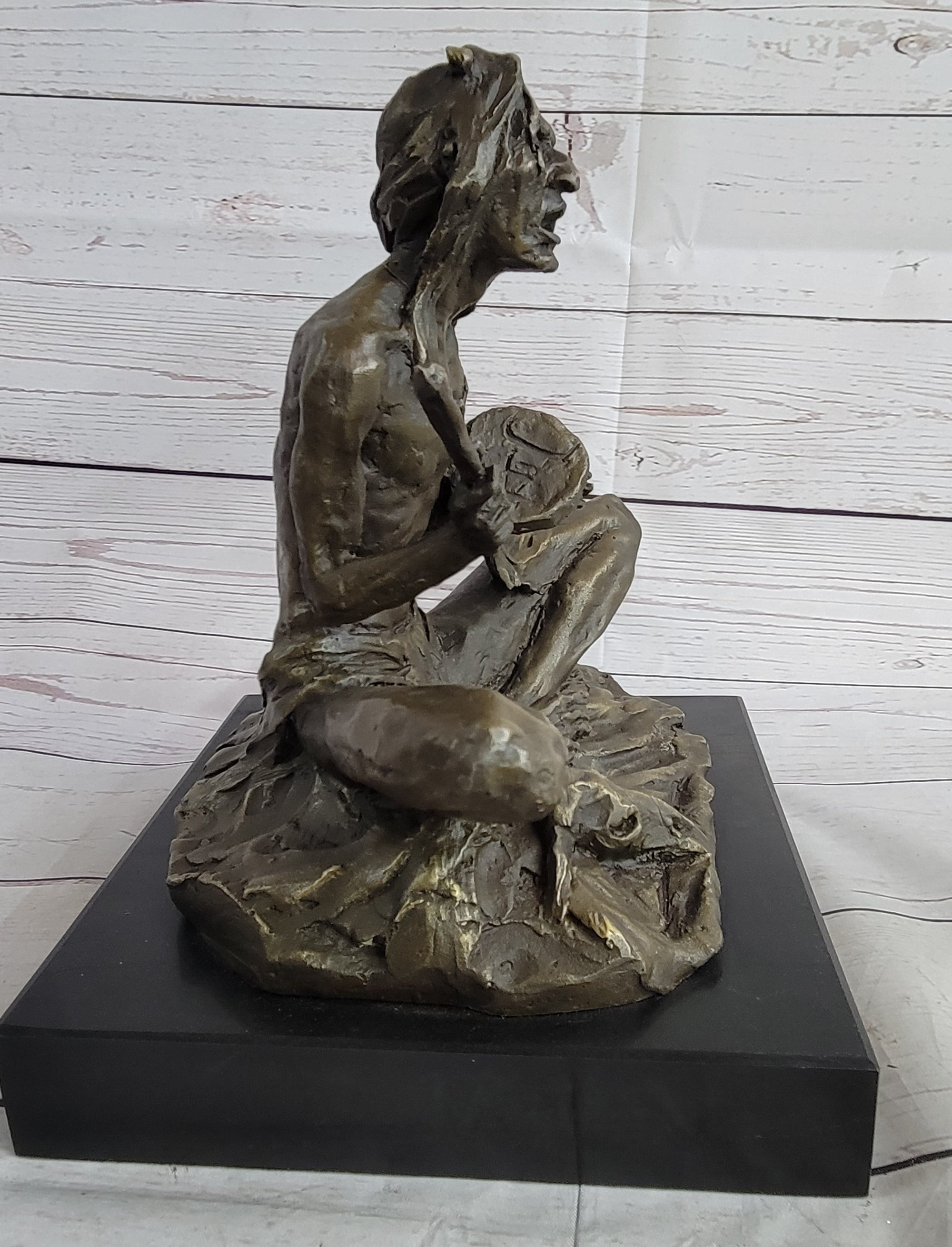 Native American Indian Shaman Medicine Man Playing Tom Tom - Bronze Sculpture Original Art