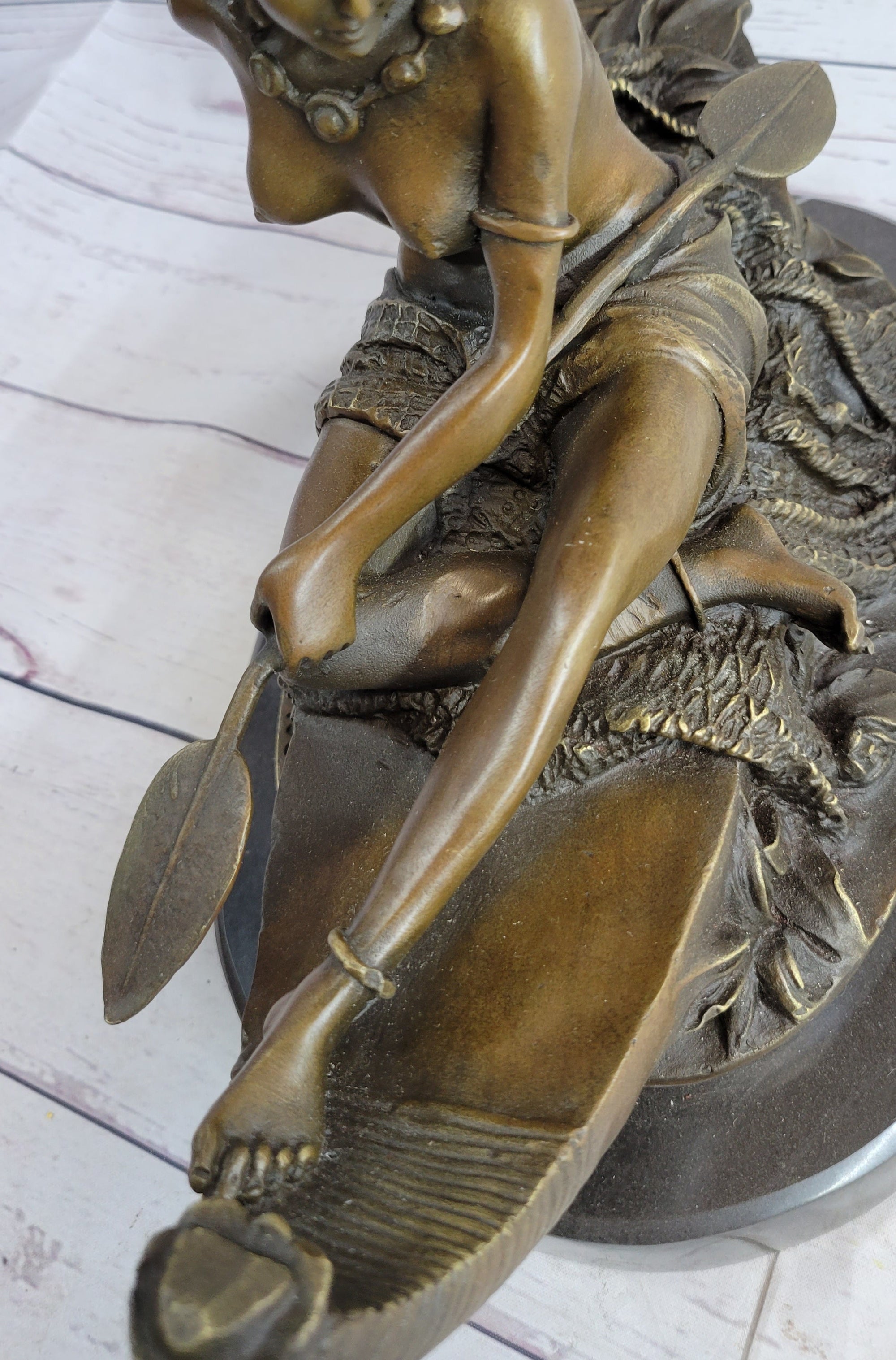 Semi Nude Topless Native American Girl in Canoe Boat Bronze Statue Sculpture Art