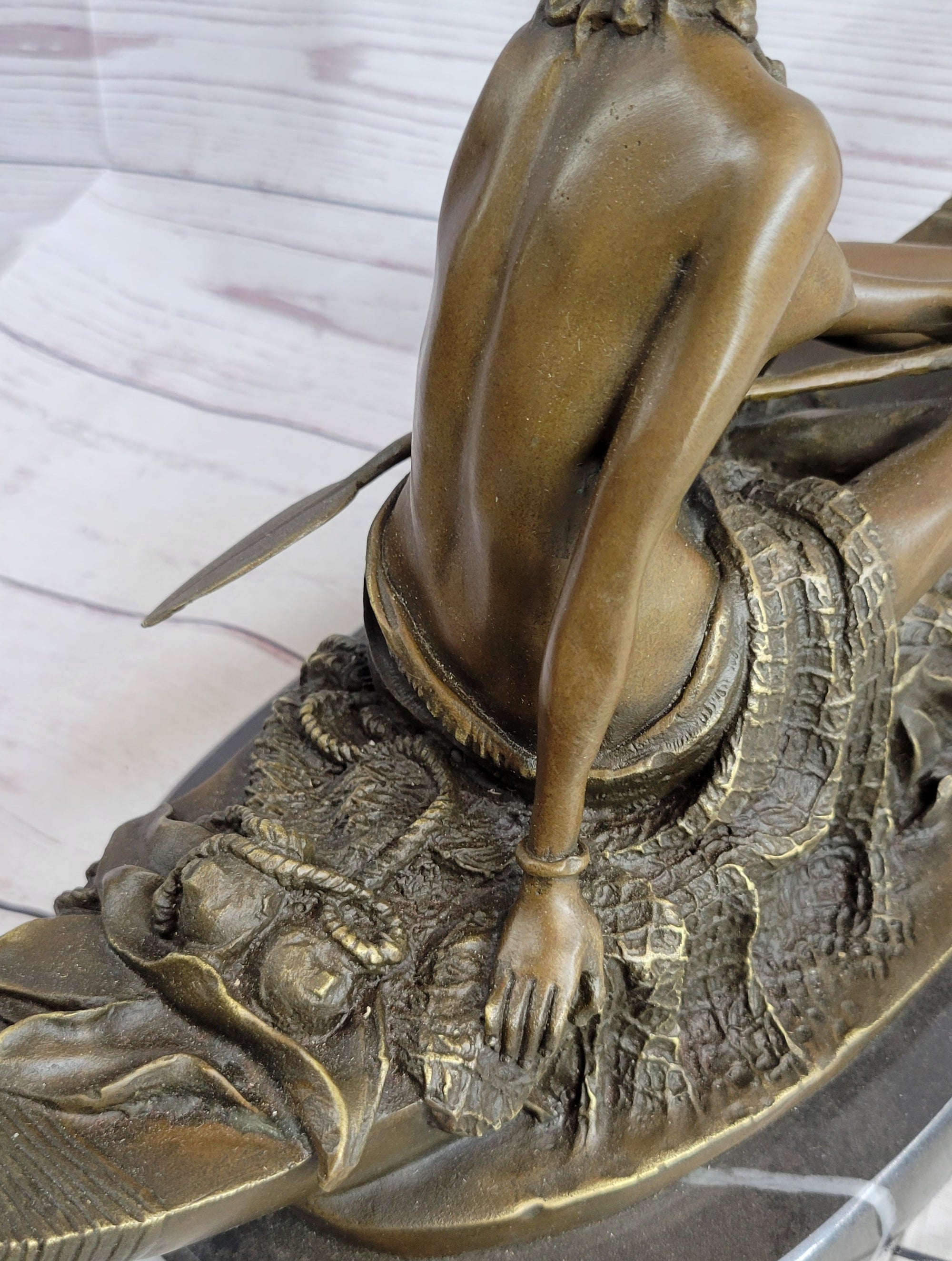 Semi Nude Topless Native American Girl in Canoe Boat Bronze Statue Sculpture Art