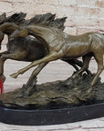 Two Horses Running Galloping - Signed Original Bronze Art Sculpture on Marble Base