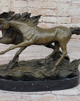 Two Horses Running Galloping - Signed Original Bronze Art Sculpture on Marble Base