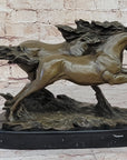 Two Horses Running Galloping - Signed Original Bronze Art Sculpture on Marble Base