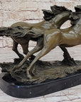 Two Horses Running Galloping - Signed Original Bronze Art Sculpture on Marble Base