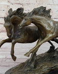 Two Horses Running Galloping - Signed Original Bronze Art Sculpture on Marble Base