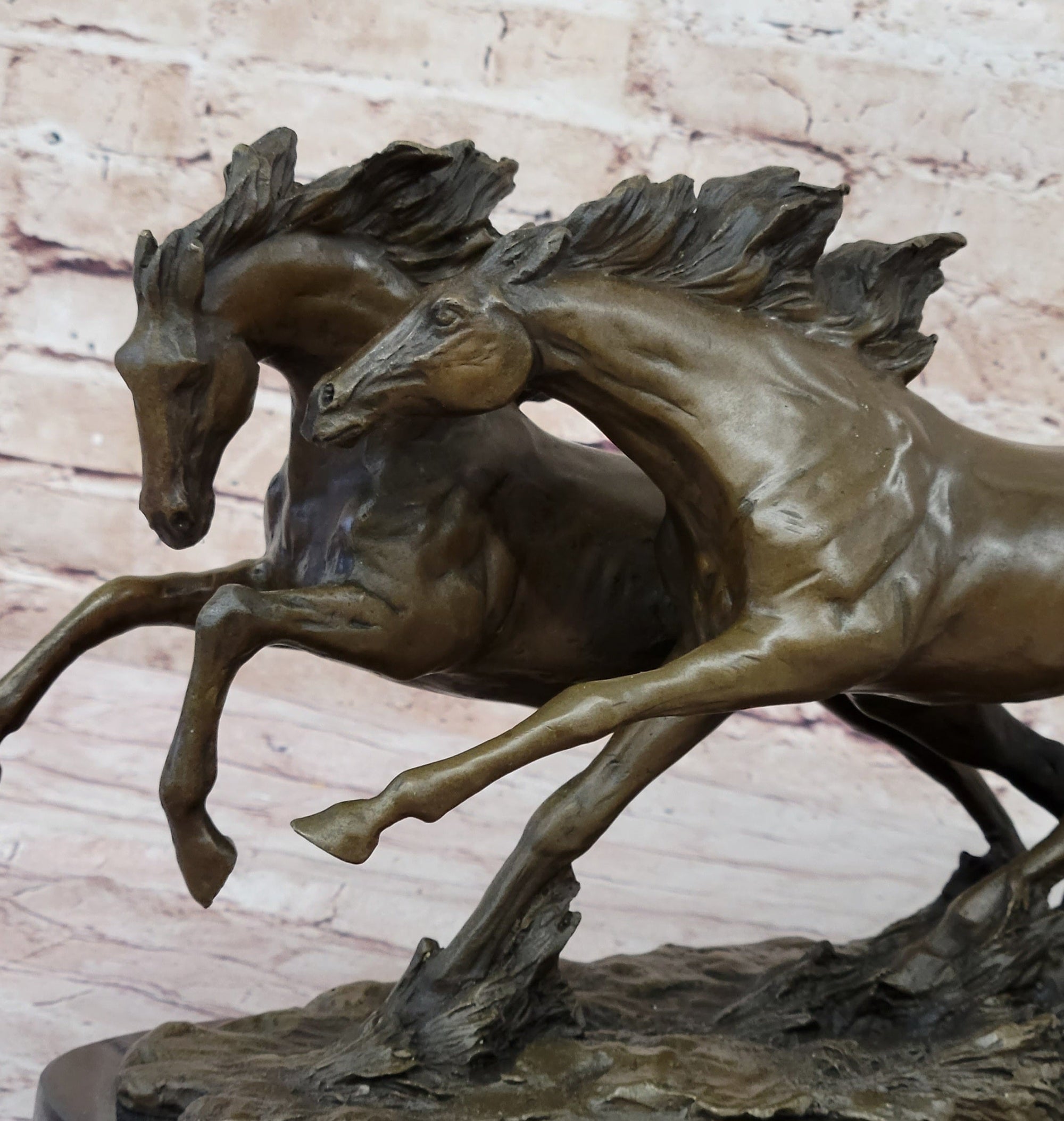 Two Horses Running Galloping - Signed Original Bronze Art Sculpture on Marble Base
