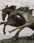 Two Horses Running Galloping - Signed Original Bronze Art Sculpture on Marble Base