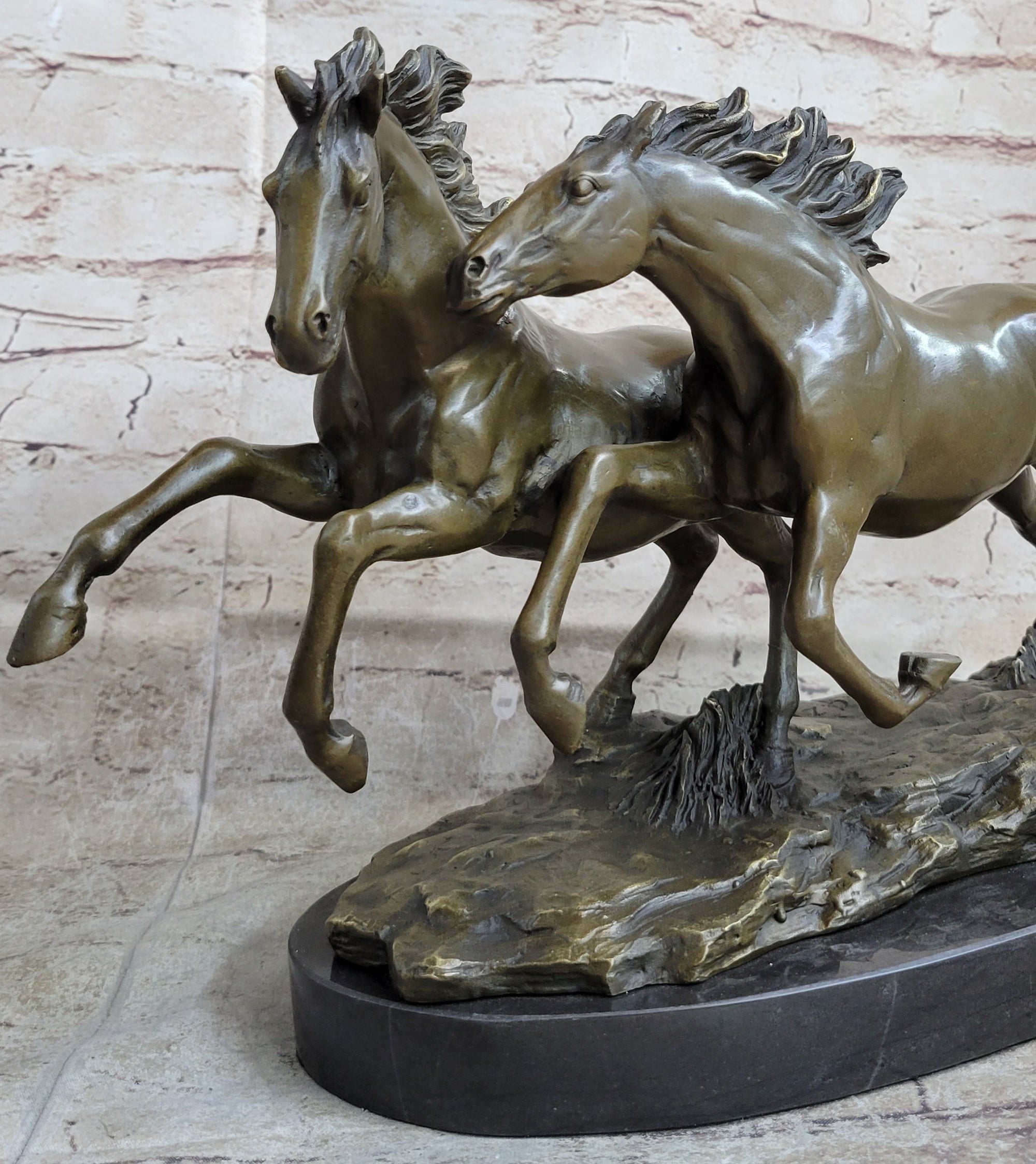 Galloping Pair of Horses Bronze Statue Sculpture Decor Signed Zhang 10&quot; x 17&quot;