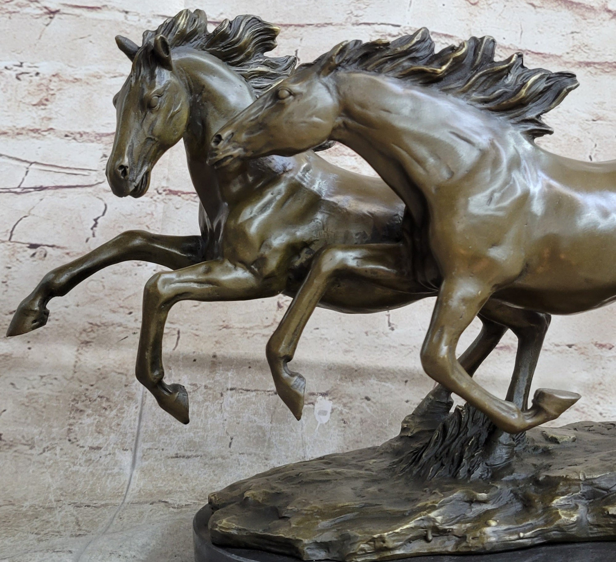 Galloping Pair of Horses Bronze Statue Sculpture Decor Signed Zhang 10&quot; x 17&quot;