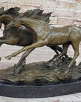 Two Horses Running Galloping - Signed Original Bronze Art Sculpture on Marble Base