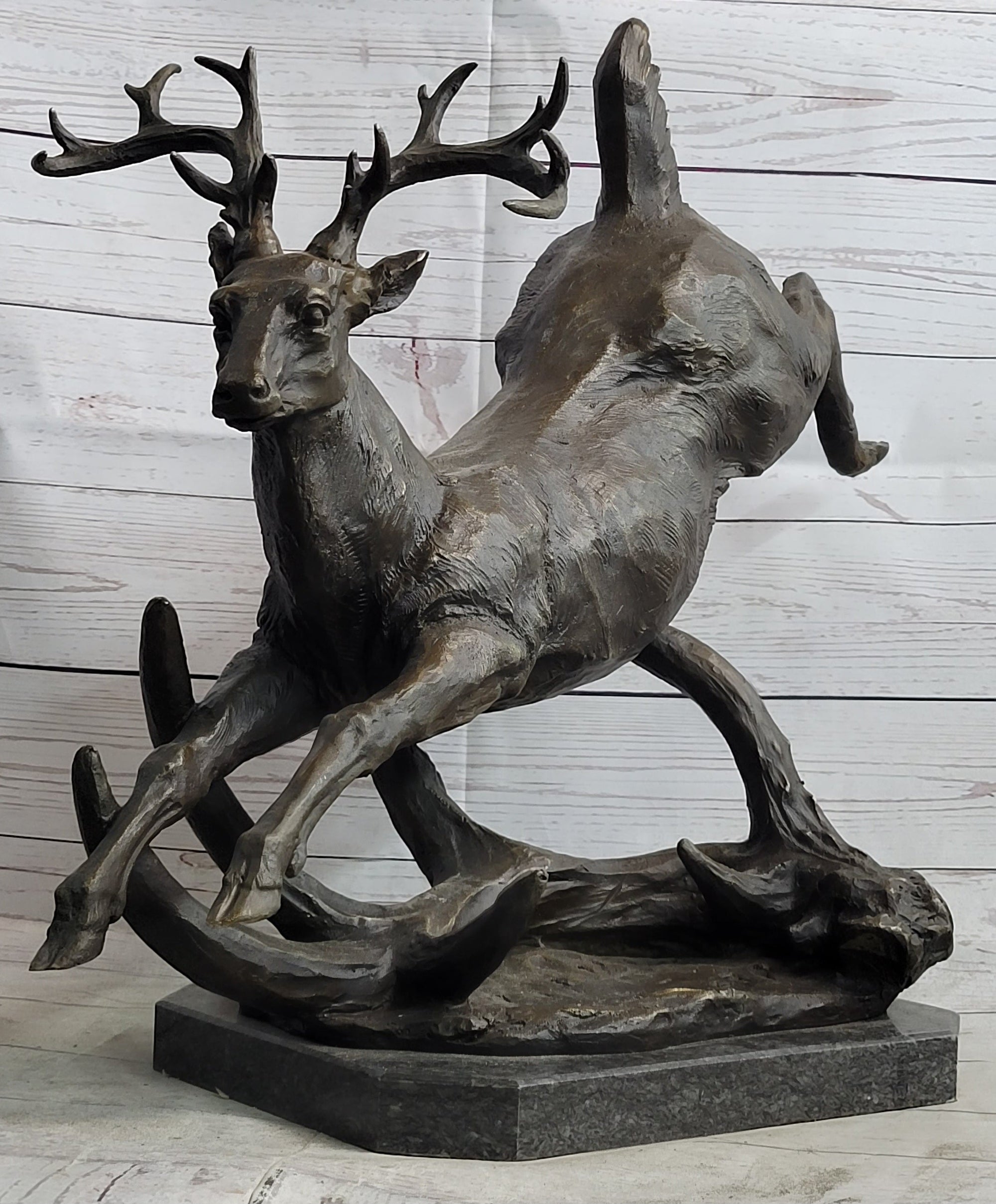 Leaping Stag Reindeer Deer Elk Bronze Caribou Bronze Sculpture Statue Signed Art