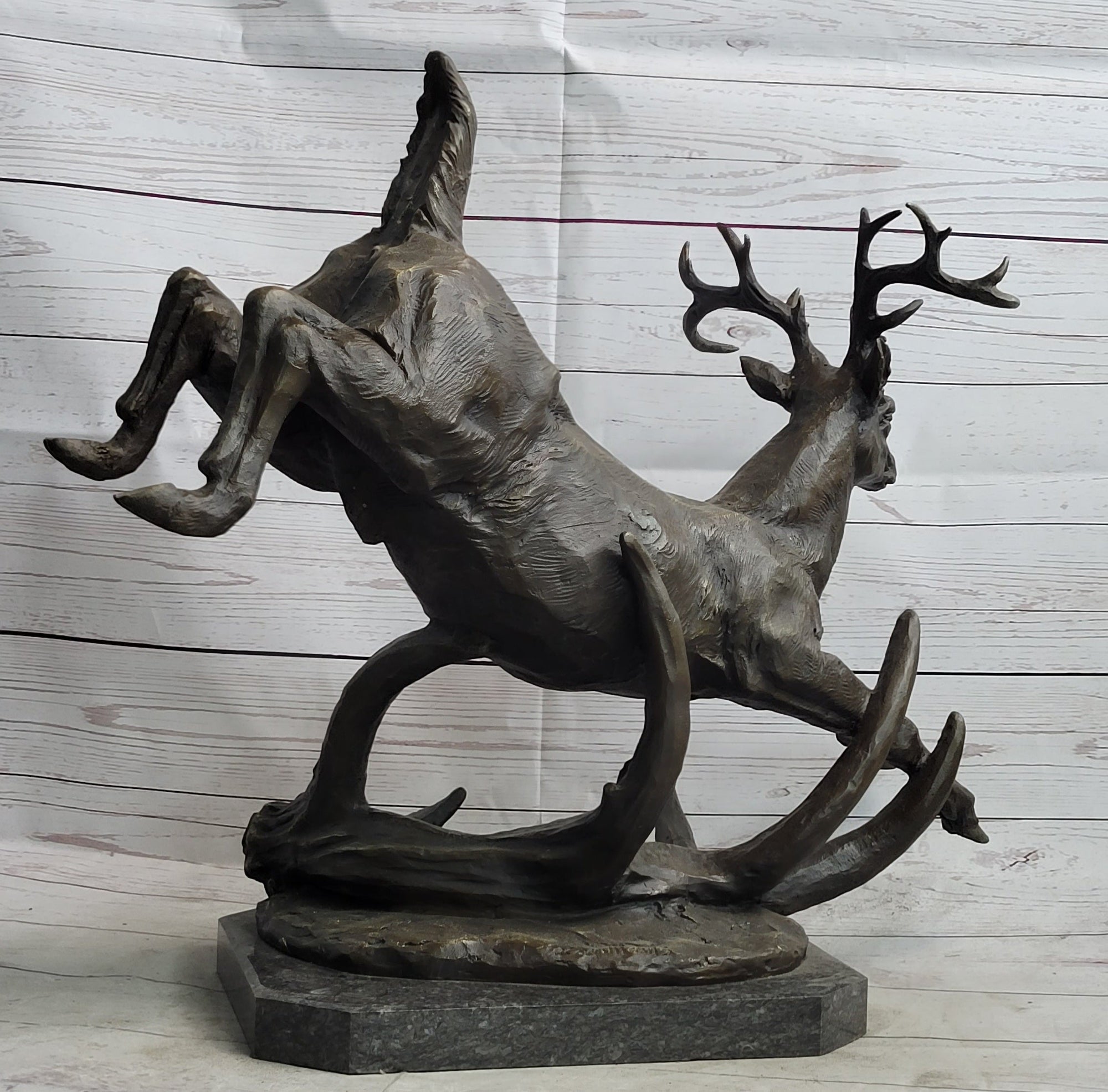 Leaping Stag Reindeer Deer Elk Bronze Caribou Bronze Sculpture Statue Signed Art