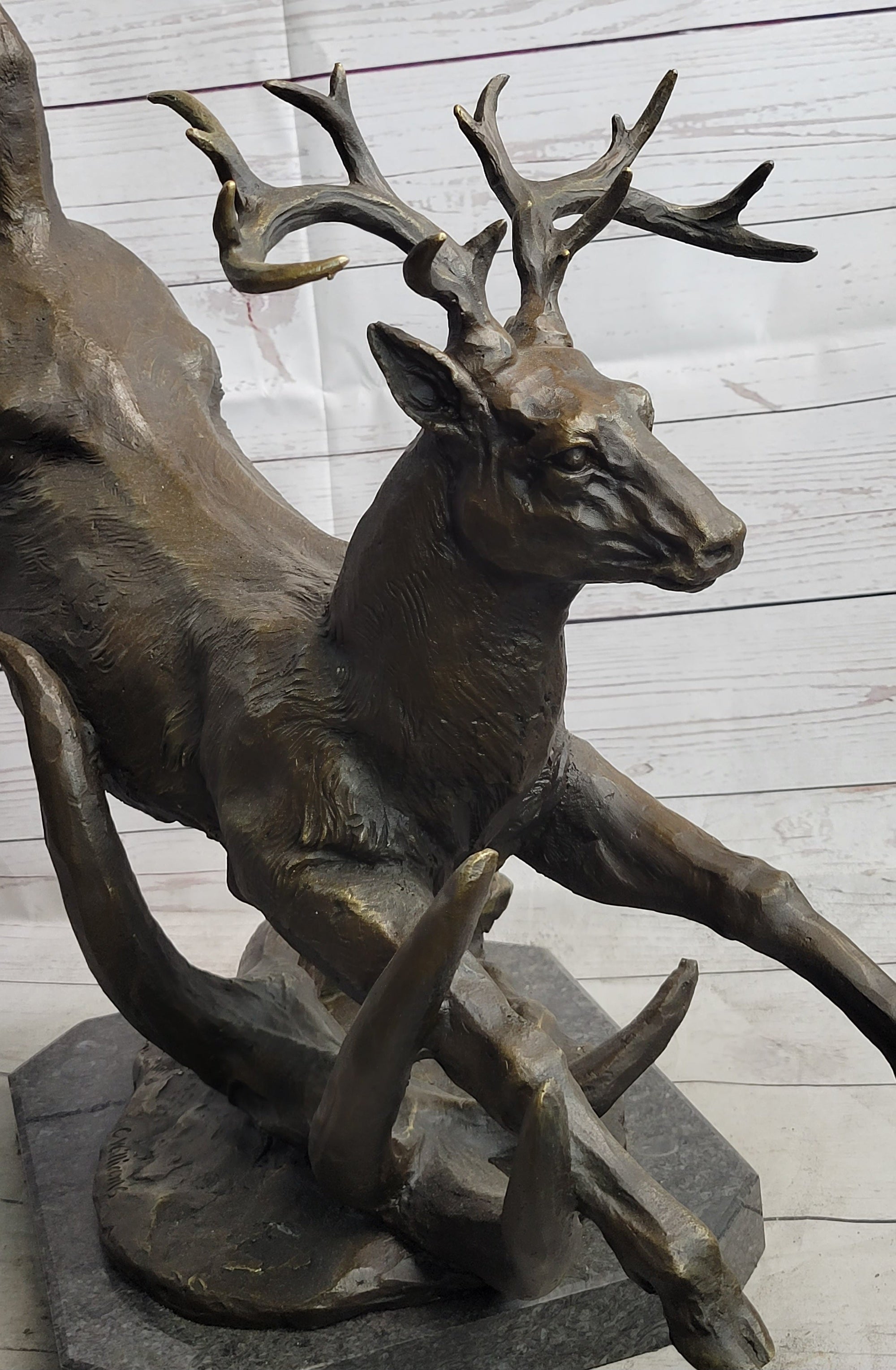 Leaping Stag Reindeer Deer Elk Bronze Caribou Bronze Sculpture Statue Signed Art