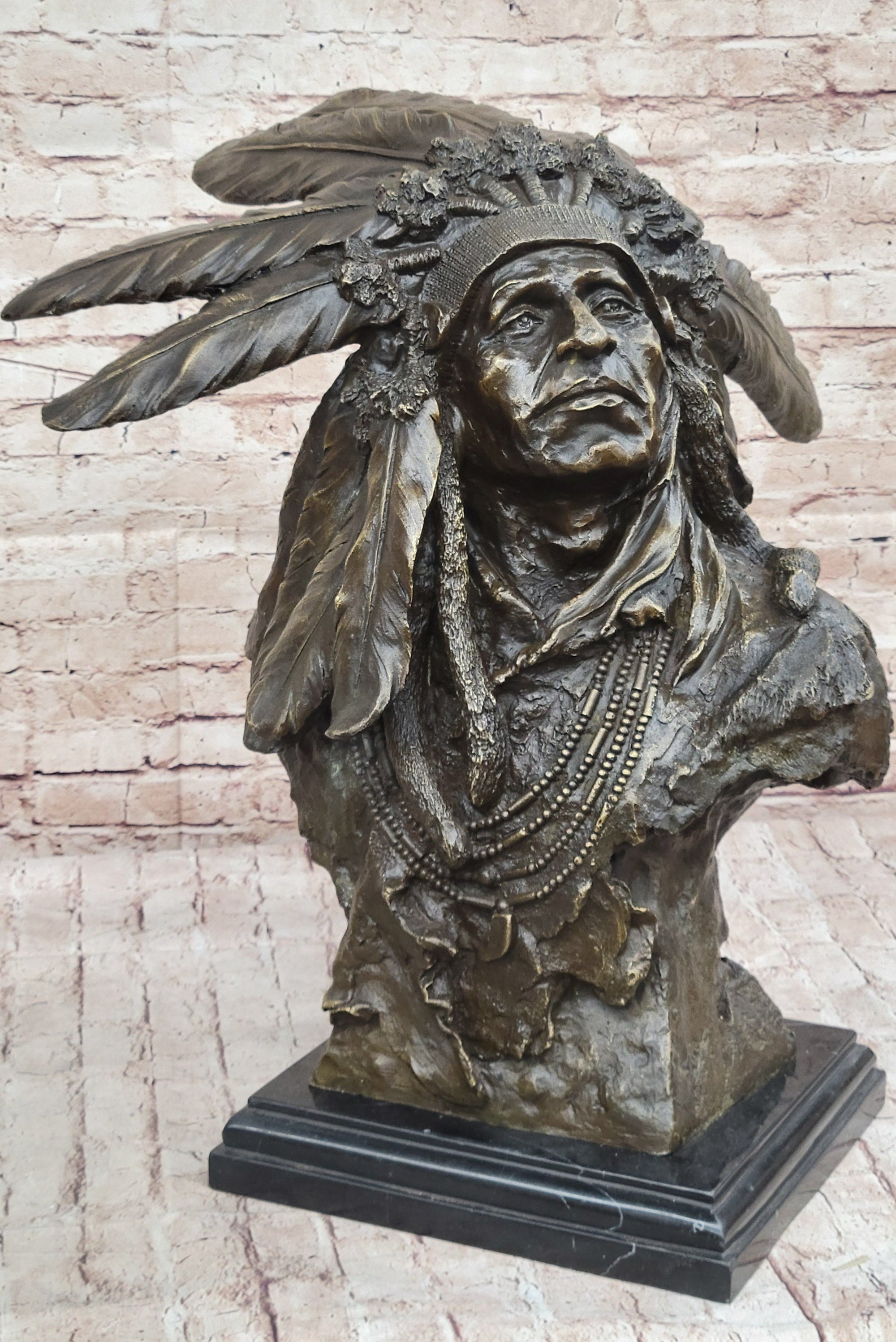 Carl Kauba Native American Indian Chief in War Bonnet Bust Bronze Sculpture Statue