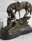 Cowboy Reading a Book with Horse Bronze Metal Western Sculpture Statue Remington Decor 11" x 13"