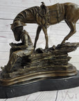 Cowboy Reading a Book with Horse Bronze Metal Western Sculpture Statue Remington Decor 11" x 13"