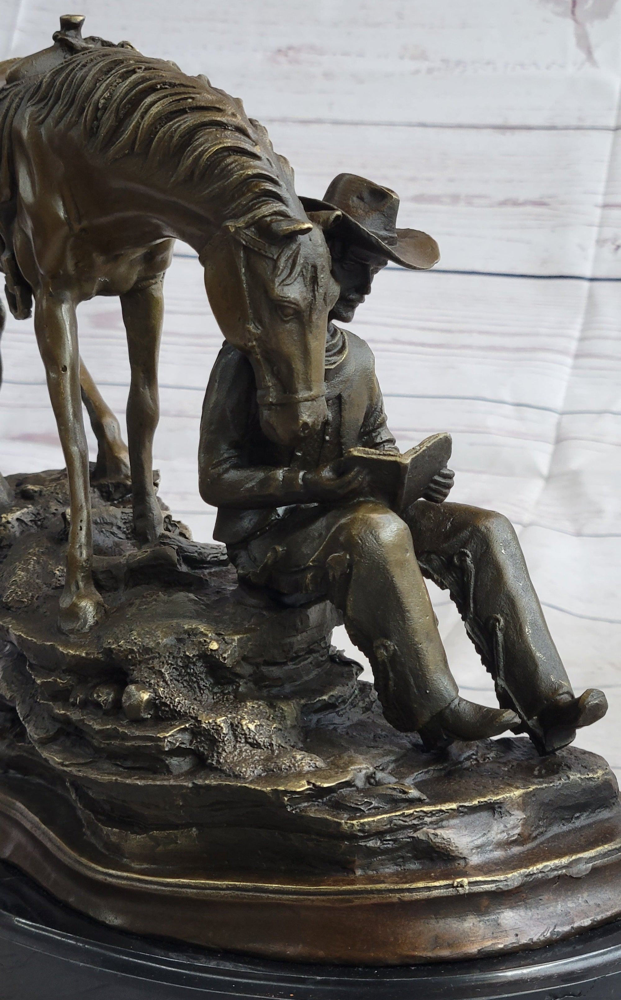 Cowboy Reading a Book with Horse Bronze Metal Western Sculpture Statue Remington Decor 11&quot; x 13&quot;