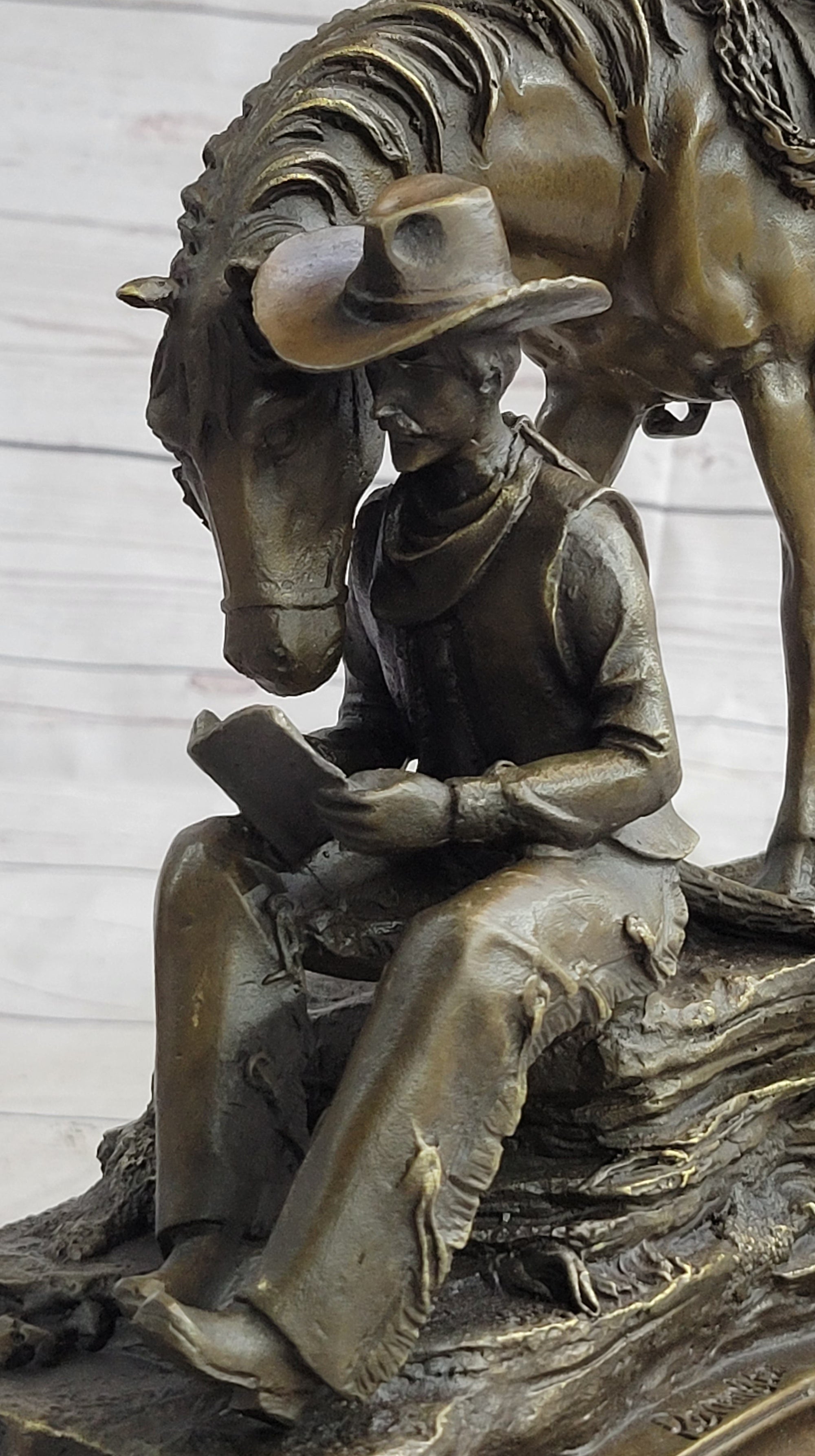 Cowboy Reading a Book with Horse Bronze Metal Western Sculpture Statue Remington Decor 11&quot; x 13&quot;