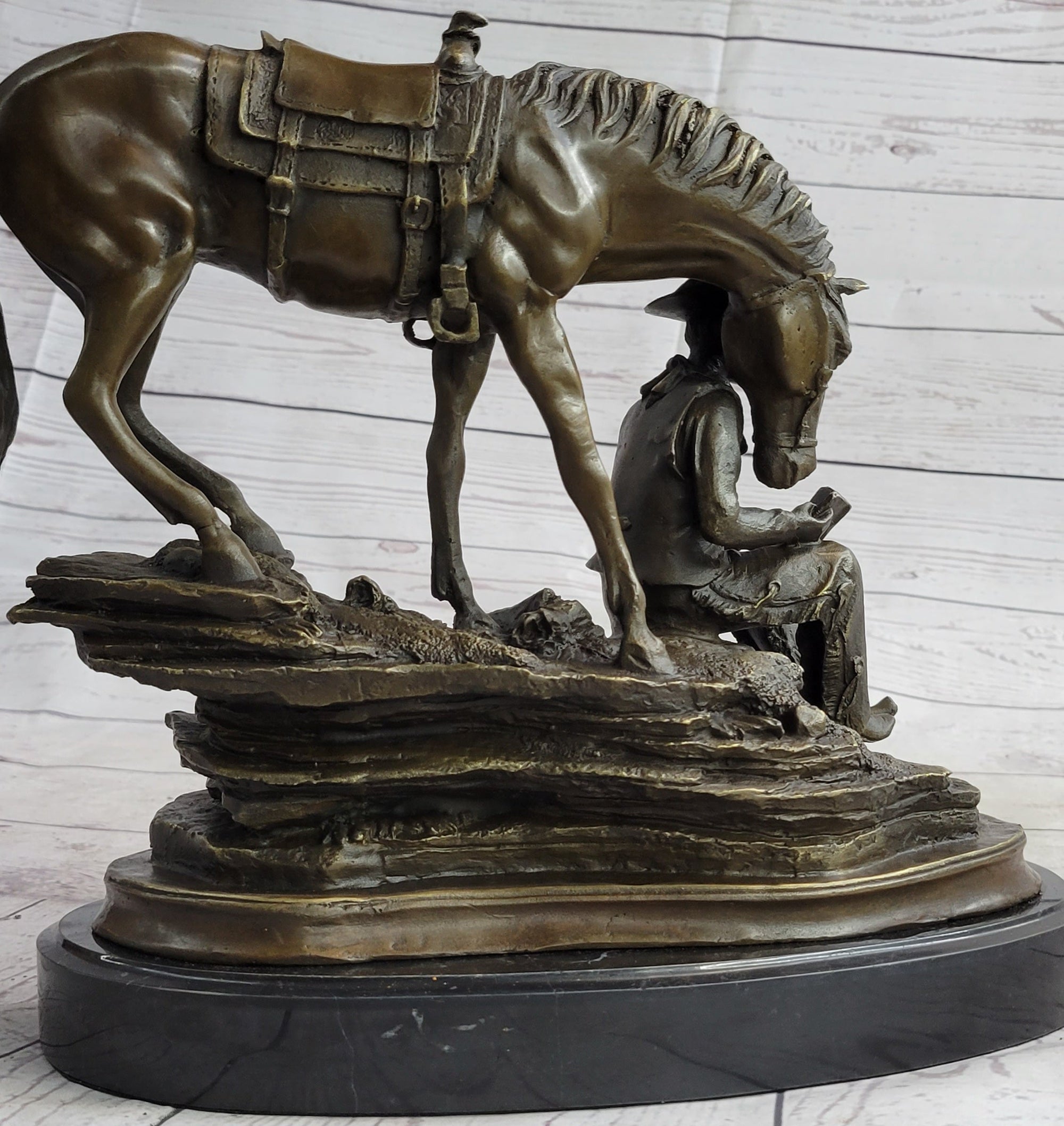 Cowboy Reading a Book with Horse Bronze Metal Western Sculpture Statue Remington Decor 11&quot; x 13&quot;