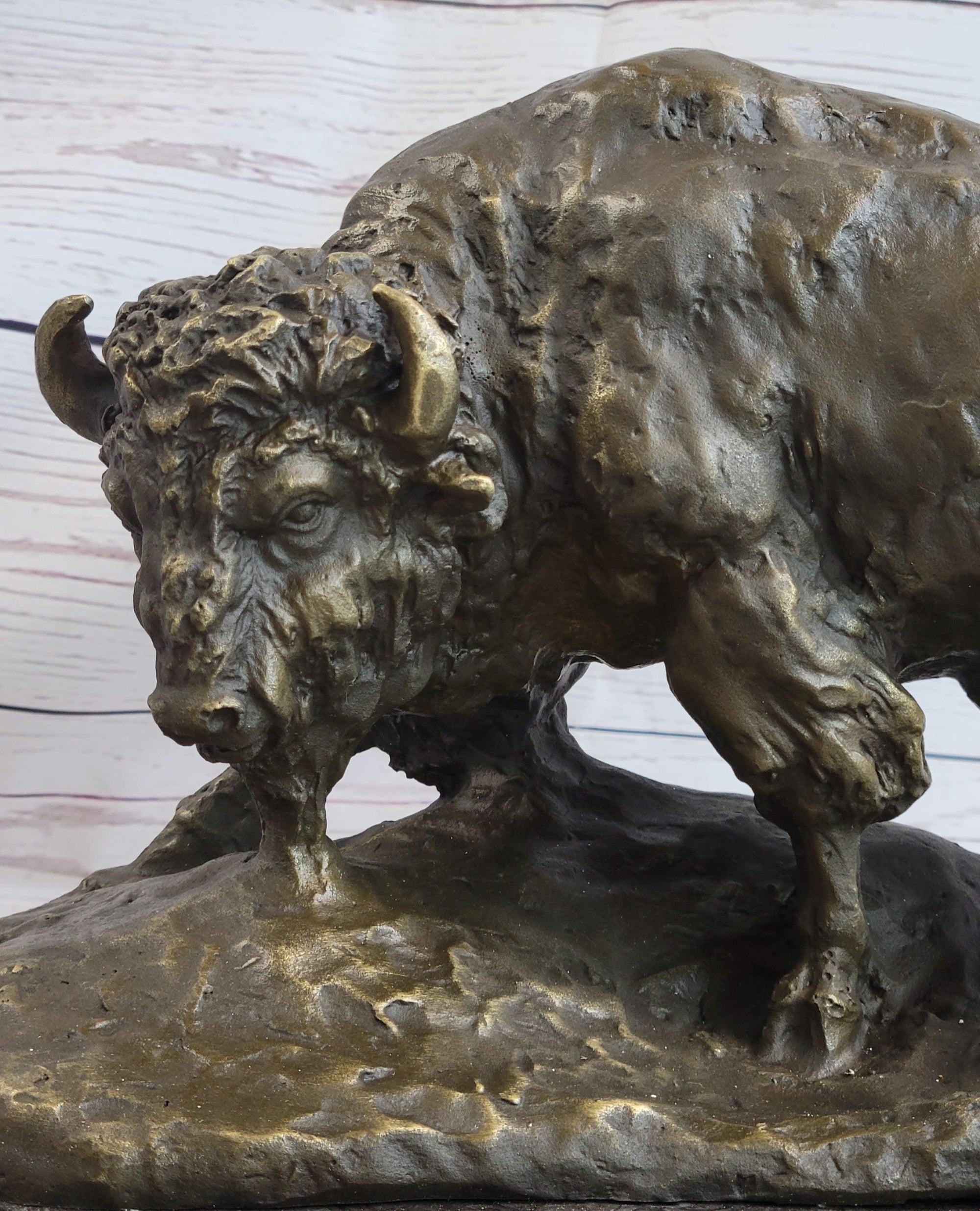 American Buffalo Bison Bull Bronze Sculpture by Barye on Marble Base Figure Art