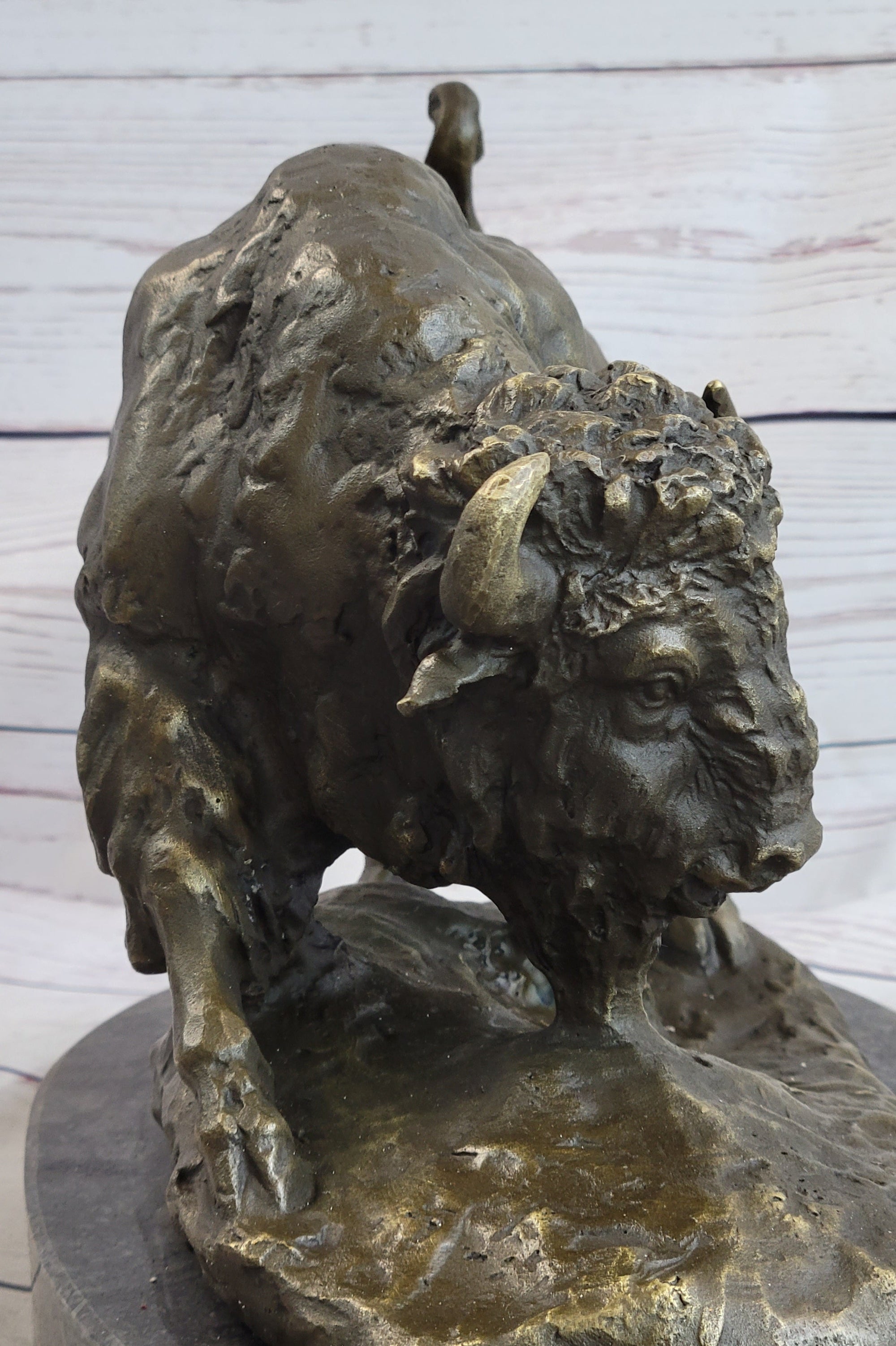 American Buffalo Bison Bull Bronze Sculpture by Barye on Marble Base Figure Art