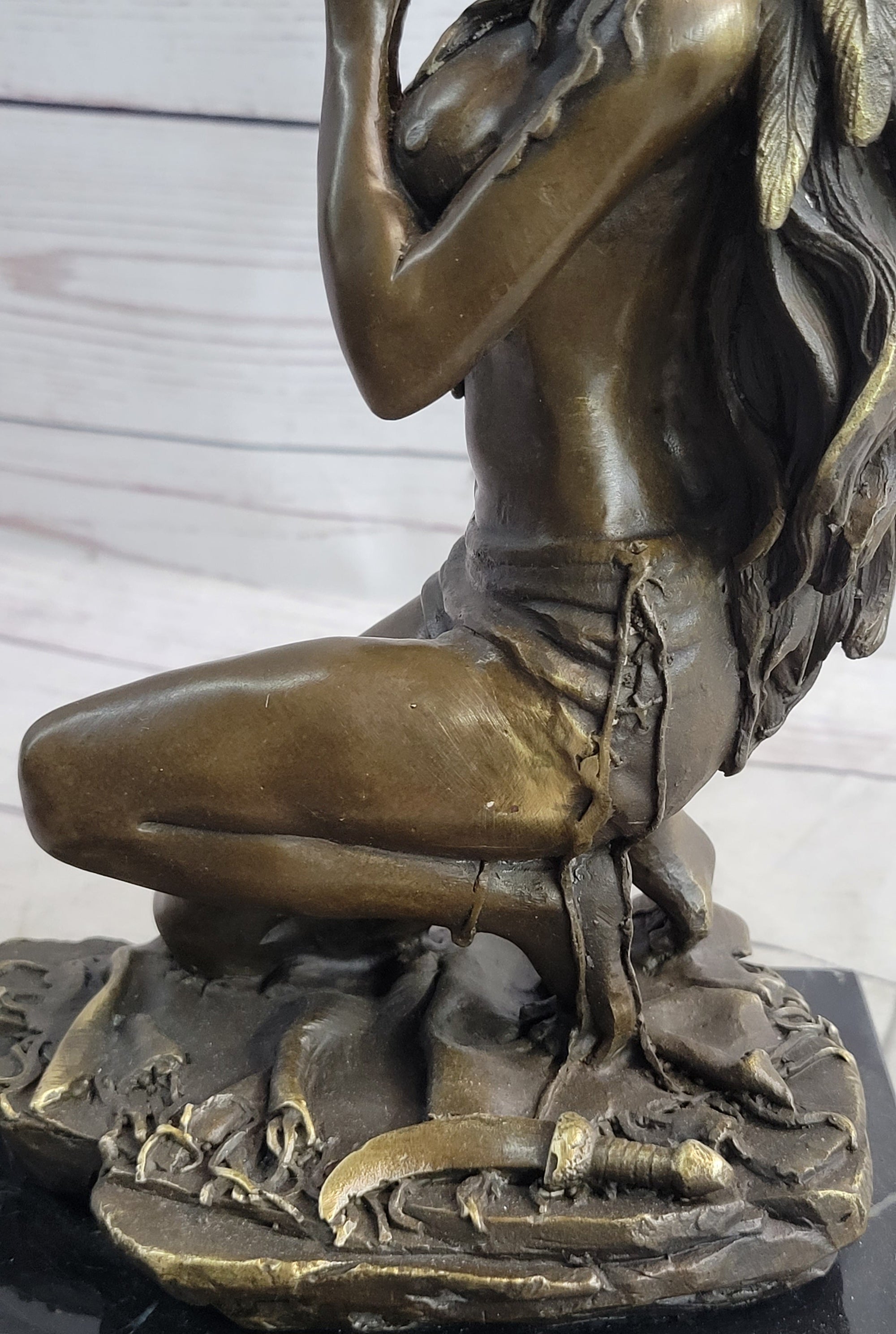 Semi Nude Native American Female Praying Bronze Statue Sculpture Figure Signed