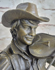 Cowboy Playing Violin Fiddle Music Bronze Sculpture Marble Statue Figurine