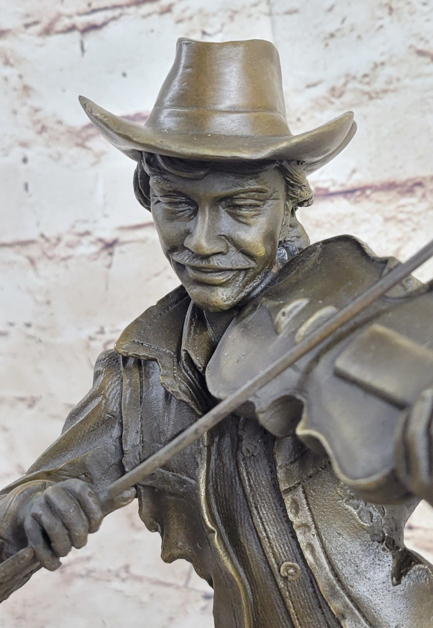 Cowboy Playing Violin Fiddle Music Bronze Sculpture Marble Statue Figurine