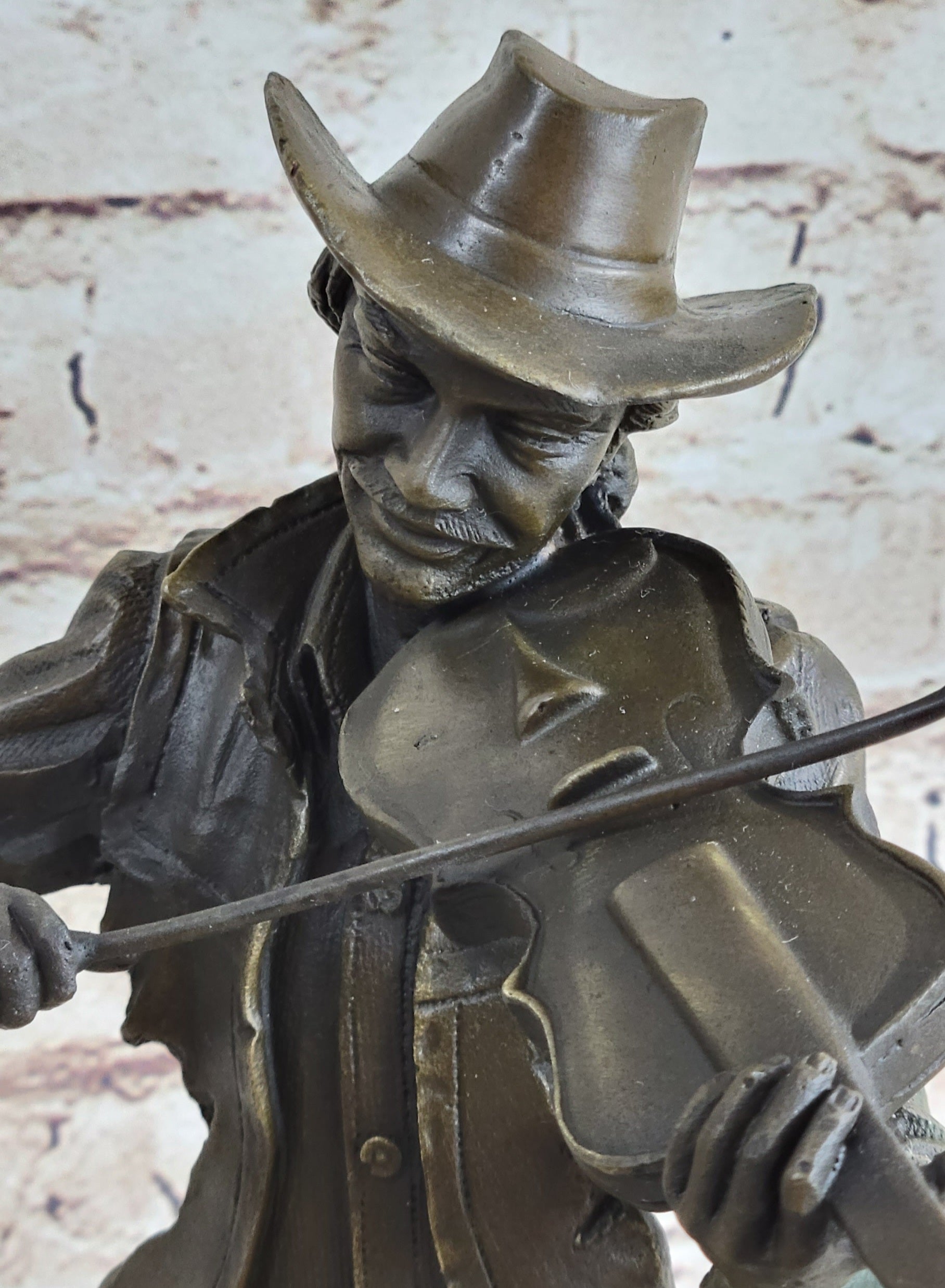 Cowboy Playing Violin Fiddle Music Bronze Sculpture Marble Statue Figurine