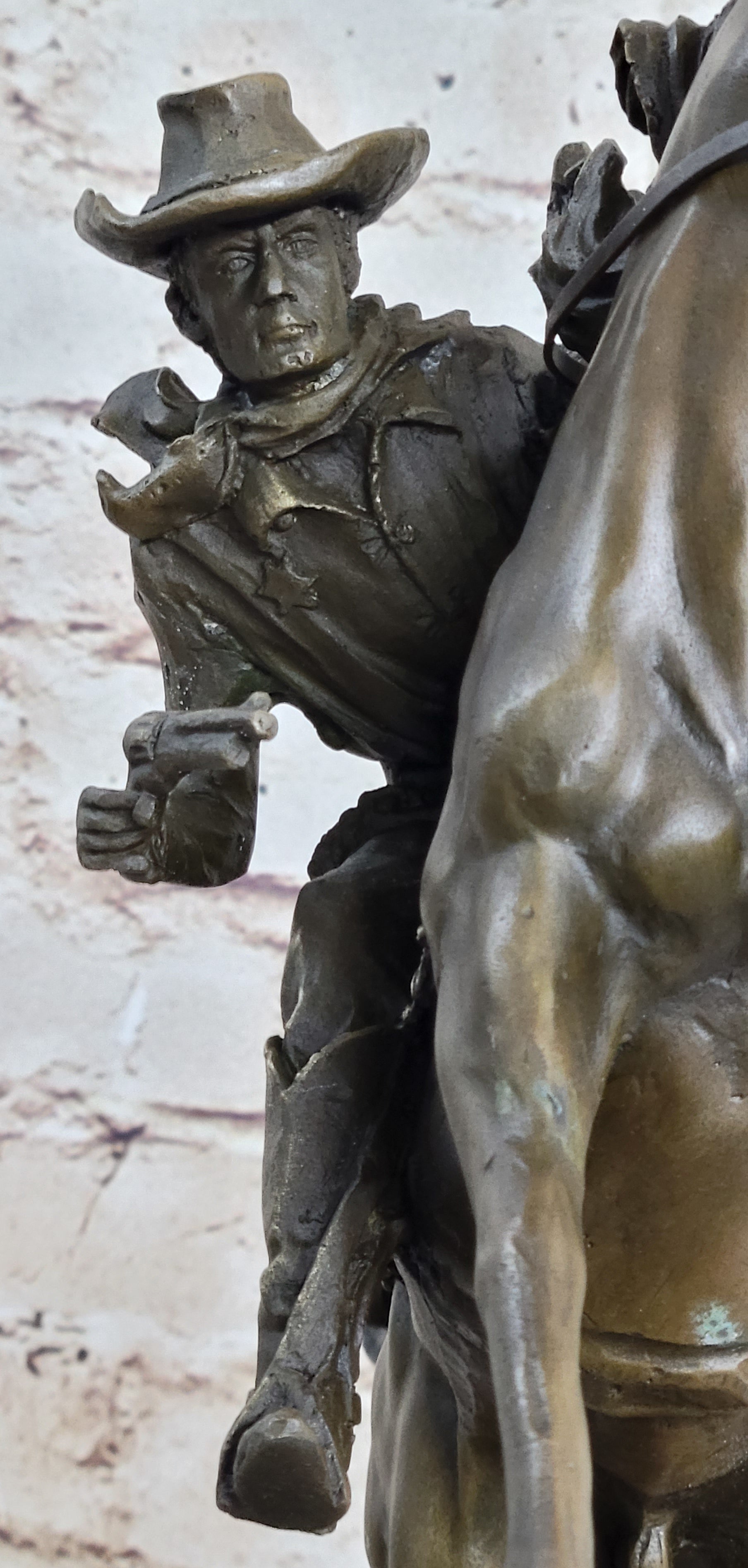 Country Western Wild West Cowboy Gunslinger on Horseback Bronze Sculpture Decor