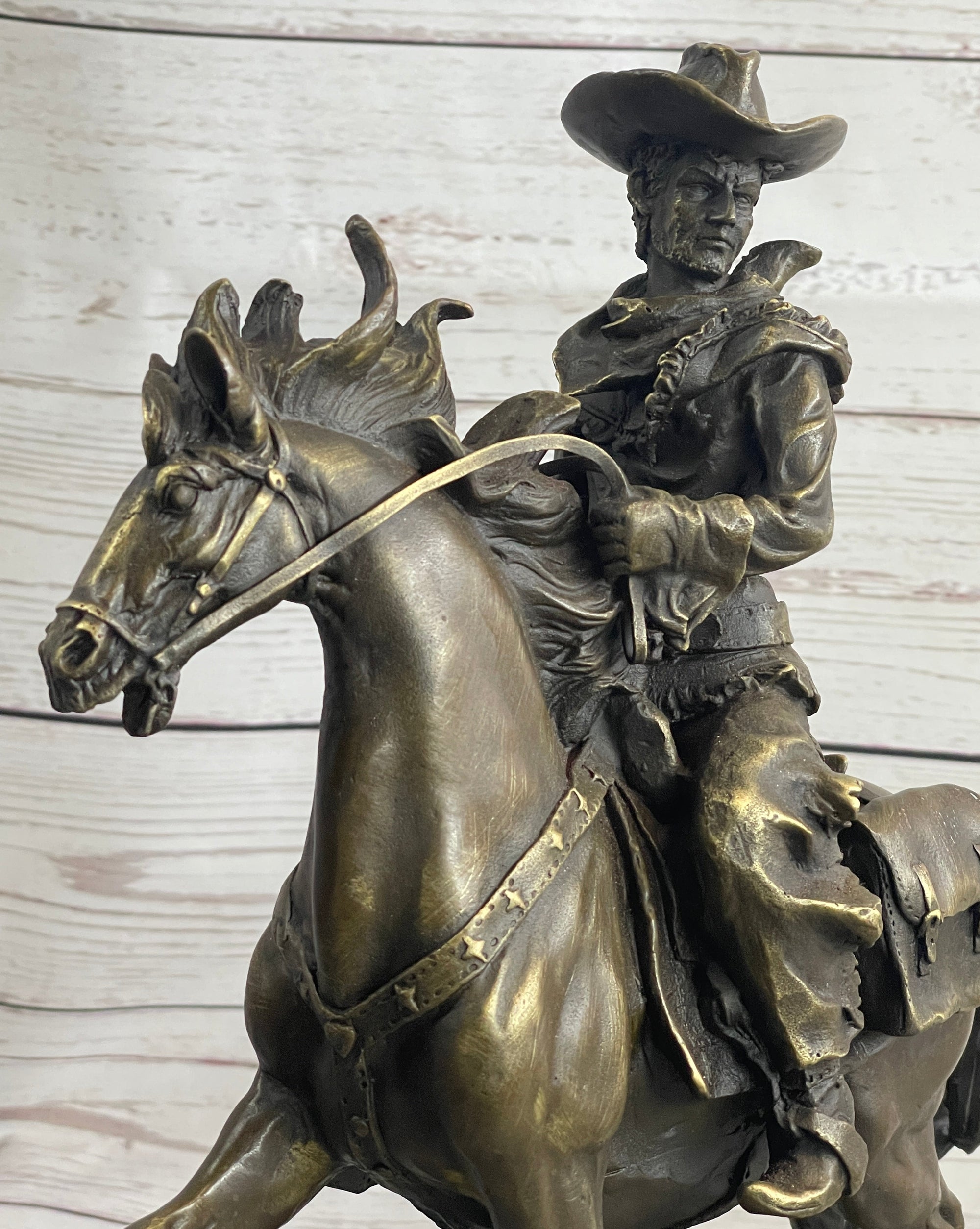 Miniature Bronze Cowboy on Horseback Statue Sculpture Figure Marble Base 14&quot; x 7&quot;