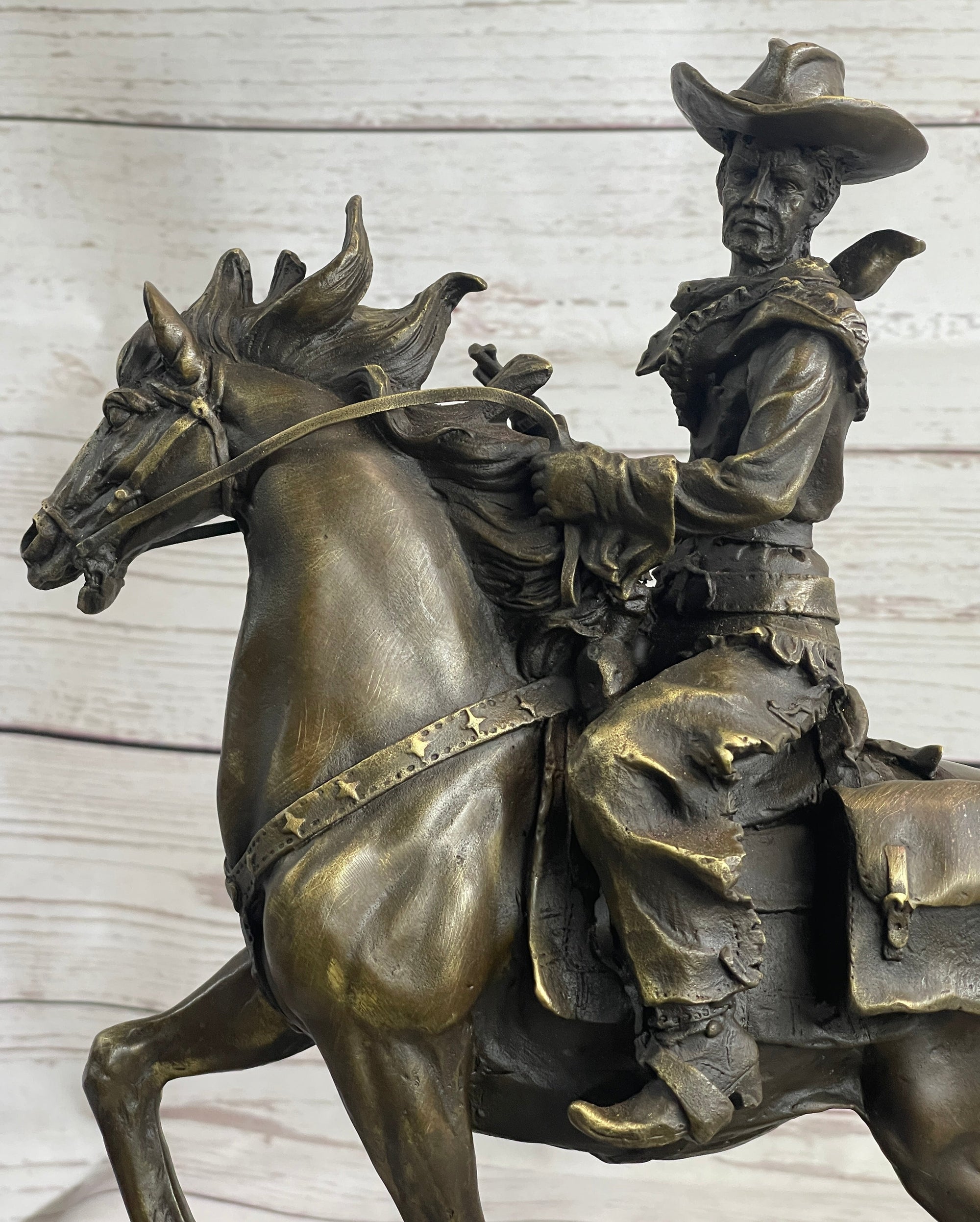 Miniature Bronze Cowboy on Horseback Statue Sculpture Figure Marble Base 14&quot; x 7&quot;