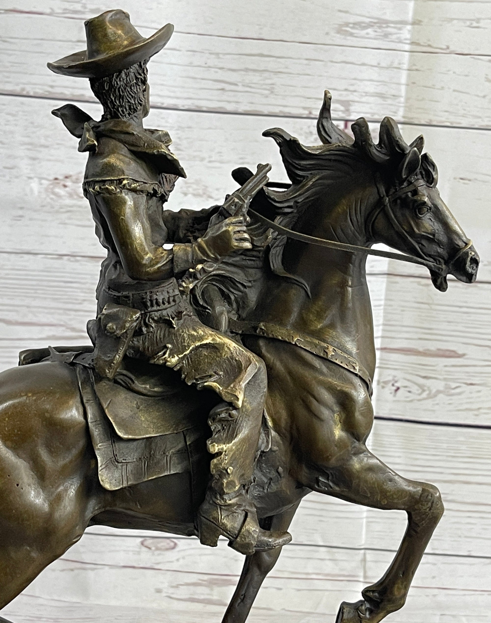 Miniature Bronze Cowboy on Horseback Statue Sculpture Figure Marble Base 14&quot; x 7&quot;